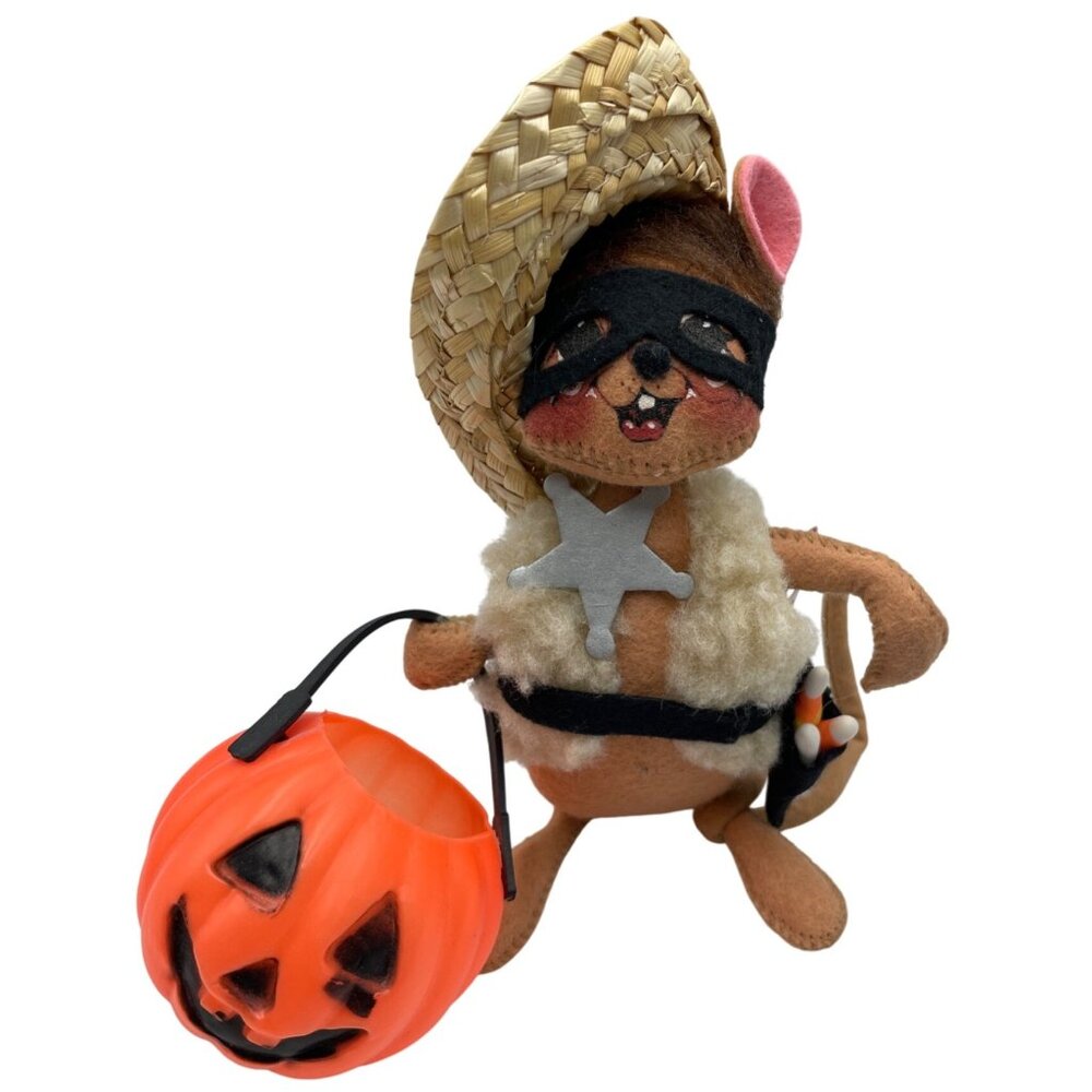 Annalee Halloween Sheriff Cowboy Mouse Plush With Straw Hat & Pumpkin